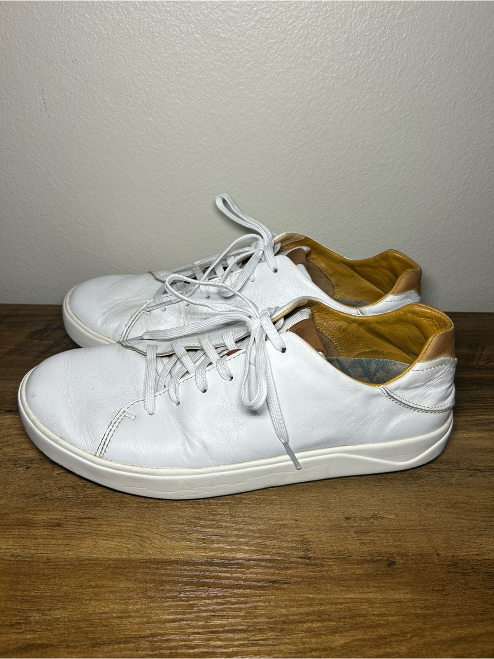 OluKai White Leather Sneakers with Tan Collar